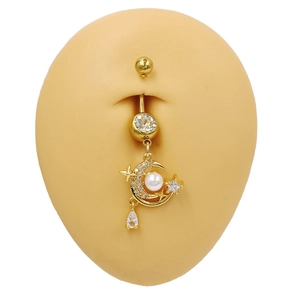 Goldener Bauchnabelpiercing mit Mond, Stern, weißer Perle und funkelndem Zirkon