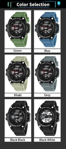 Digital sport watches collection showing six color variants with WR30M water resistance
