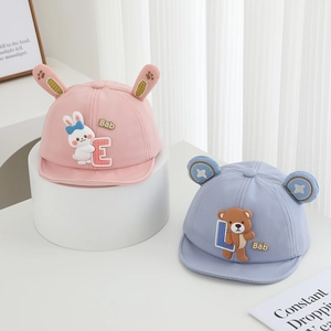 Cute baby baseball caps with soft brims, featuring 3D rabbit and bear ears in pink and blue