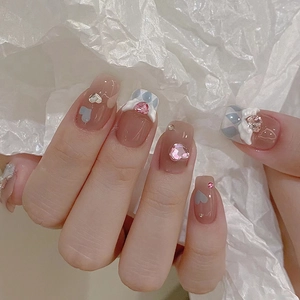 Dolci Unghie Finte Francesi Medio Lunghe Quadrate Rosa Cuore Strass Ali di Angelo Modello Plaid Blu Unghie Artificiali Donna