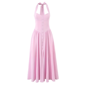 Elegant pink halter neck maxi dress with button details and high-slit slimming fit