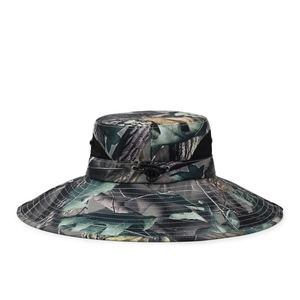 Leaf camouflage outdoor sun hat with wide brim, mesh vents and adjustable chin strap