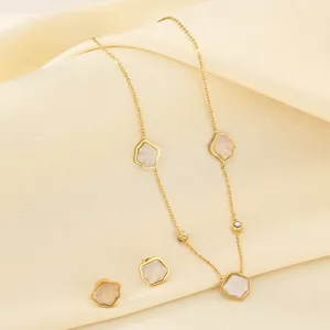 Collier Et Boucles D'oreilles En Acier Inoxydable Or Nacre Coquillage Fleur Strass Élégant Femmes Chaîne Clavicule