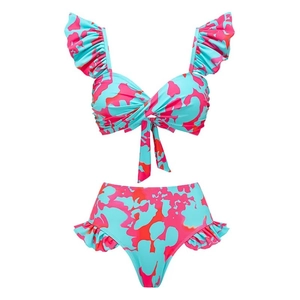 Blue and pink tie-dye high-waisted bikini set with ruffled shoulder straps and side frills