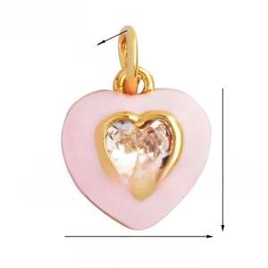 Detailed size view of heart pendant with pink enamel and sparkling clear zircon