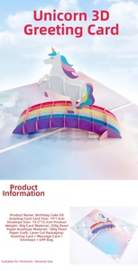 Detailed size chart and specifications for 3D unicorn rainbow pop-up greeting card