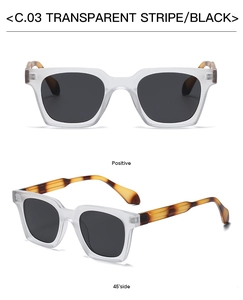 Detail of square frosted sunglasses with transparent stripe frames and black lenses