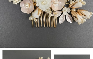 Detailed close-up of bridal hair comb with ceramic flowers, faux pearls and golden leaves