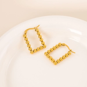 Fashionable gold beaded rectangular geometric hoop earrings for women in polished finish