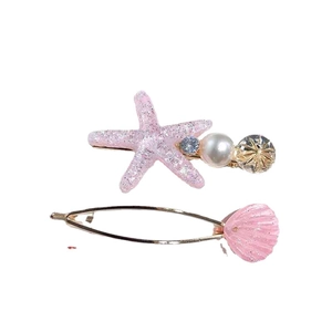 Cute pink starfish and shell hair clips with pearls and rhinestones on gold metal pins