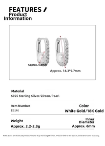 Detail of S925 sterling silver hoop earrings with shell pearl and zircon settings