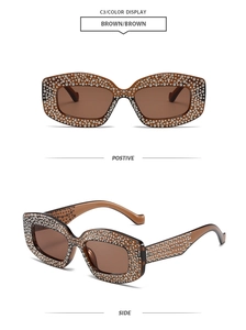 Macro detail of brown square sunglasses with crystal rhinestones on frames from two angles