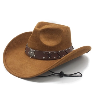 Brown faux suede western cowboy hat with silver star badge and adjustable chin strap