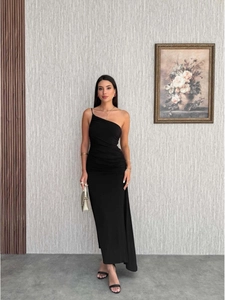 One Shoulder Maxi Dress Asymmetric Ruched Bodycon Slim Fit Sexy Party Evening For Women Solid Color