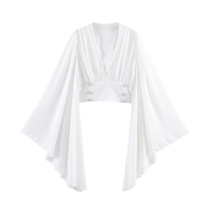 Top Court Élégant Col En V Pour Femmes Blouse Manches Longues Évasées Style Français Boutons Künstliche Perle Plissé Blanc