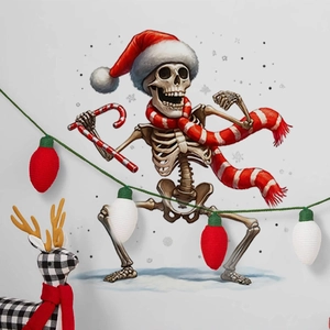 Waterproof dancing skeleton wall sticker with Santa hat for Christmas home decor