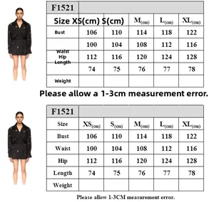 Tableau des tailles détaillé pour robe blazer chic avec mesures en CM de XS à XL
