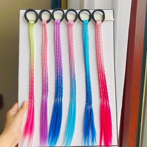 Macro view of six colorful gradient synthetic hair braids with secure black elastic bands