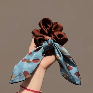 Scrunchie Hair Tie With Long Streamer Bow Satin Velvet Contrast Color Printed Elegant Korean Style Hair Accessories