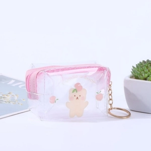 Detail view of transparent PVC coin purse featuring pink zipper and cute cartoon bear pattern