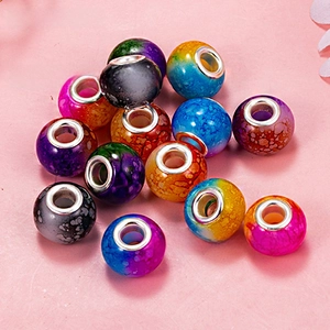 Close-up of colorful marble texture DIY beads with silver large-hole metal inner rings