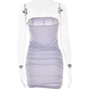 Detail of lavender bodycon dress showing ruching fabric and strapless neckline design