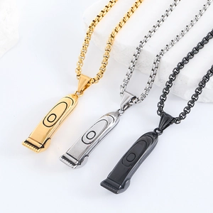 Barber hair clipper pendant necklaces in gold, silver and black stainless steel finishes
