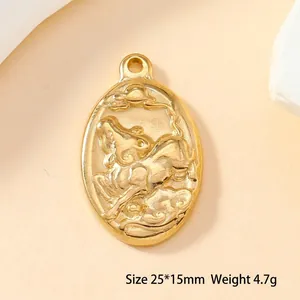Detailed view of an oval gold pendant with a traditional beast relief, size 25x15mm