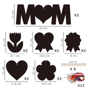Detailed dimensions of Mother's Day scratch art kit with MOM letters and ribbons