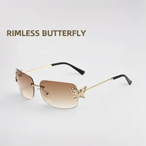 Rimless Butterfly Sunglasses With Rhinestone Metal Frame UV400 Protection Y2K Fashionable Gradient Eyewear For Women