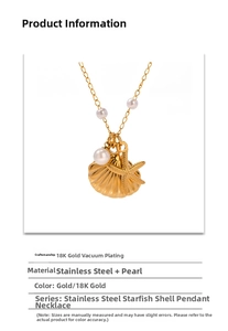 Macro detail of gold-plated starfish and shell charms with white pearls on a chain