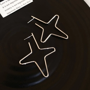 Macro detail of silver geometric star stud earrings on elegant black display tray