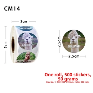Detail view of animal stickers roll showing 2.5cm diameter and 500 pieces specification