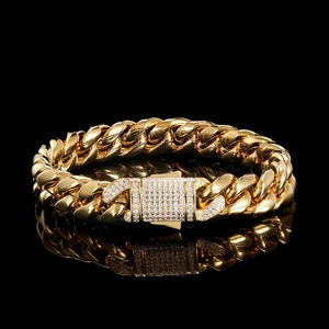 Hip Hop Cuban Link Bracelet For Men Stainless Steel With Rhinestone Pavé Clasp 18K Gold Plated Fashion Jewelry