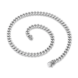 Sleek 8mm silver stainless steel Cuban link necklace with textured triangle clasp details