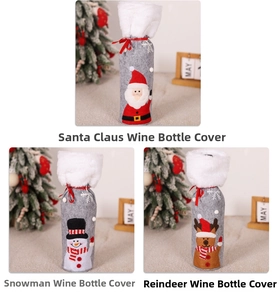 Three-piece Christmas wine bottle bag set featuring Santa, snowman, and reindeer designs