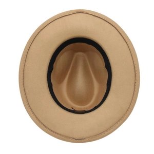 Detail view of khaki wool fedora interior featuring black sweatband and adjustable drawstring