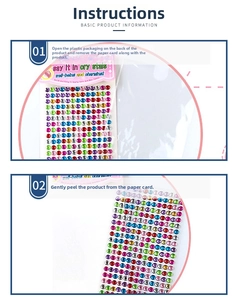 Detail guide showing steps to unwrap and peel colorful acrylic rhinestone stickers