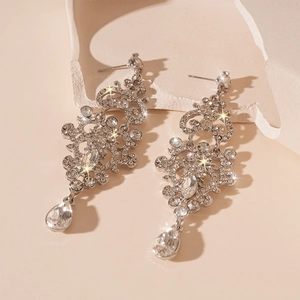 Luxury sparkling rhinestone teardrop tassel drop earrings in silver vintage floral design