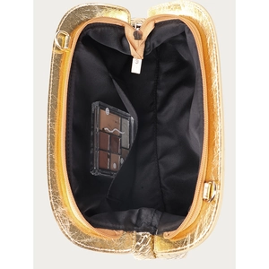 Top view of metallic gold pleated dumpling bag showing black interior and inner pocket