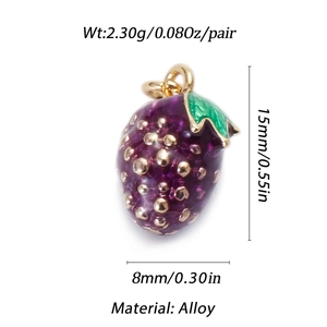 Detail view of purple strawberry alloy charms with dimensions 15mm by 8mm for jewelry DIY