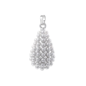 Close-up of a silver teardrop pendant encrusted with elegant pearls on a white background