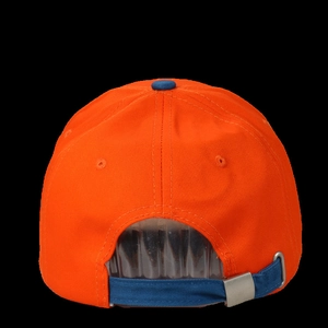 Detail view of cotton baseball cap back with blue metal buckle and orange twill fabric