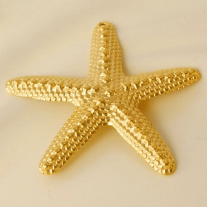Macro shot of gold stainless steel starfish pendant with textured grain surface