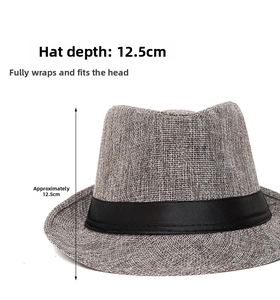 Detail showing the 12.5cm deep crown and woven texture of the grey straw fedora hat