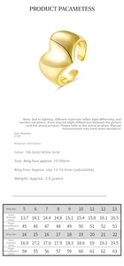 Size chart showing S925 sterling silver heart ring parameters and measurement guide