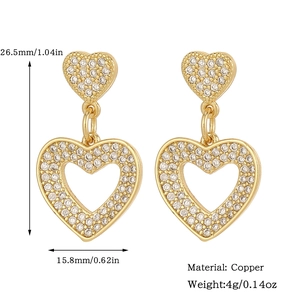 Detailed dimension guide for double heart zircon earrings in 18K gold plated copper