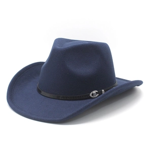 Detail of dark blue western cowboy hat with leather band and silver horseshoe buckle