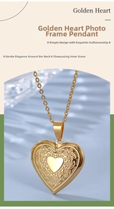 Detail of golden heart locket necklace with floral engraving and polished surface