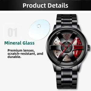 Detail of scratch-resistant mineral glass on a sporty black car wheel rim watch